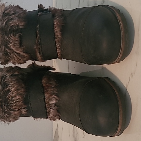 Sorel Joan Of Arctic Deep Gray Leather Suede Faux Fur Wedge Heel Ankle Boots 9 - Picture 3 of 12